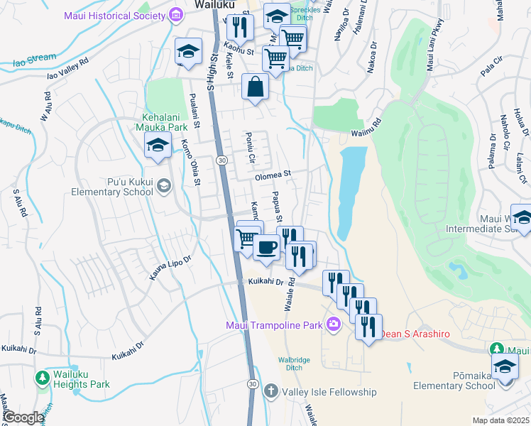 map of restaurants, bars, coffee shops, grocery stores, and more near 1899 Keahikano Place in Wailuku