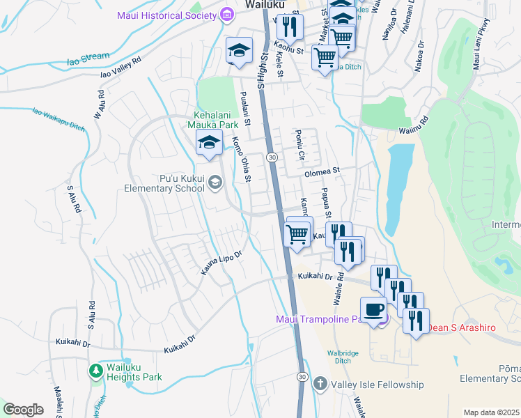 map of restaurants, bars, coffee shops, grocery stores, and more near 18 Kapala'Ia Place in Wailuku
