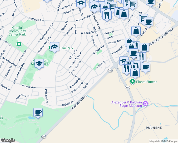 map of restaurants, bars, coffee shops, grocery stores, and more near 174 South Mokapu Street in Kahului