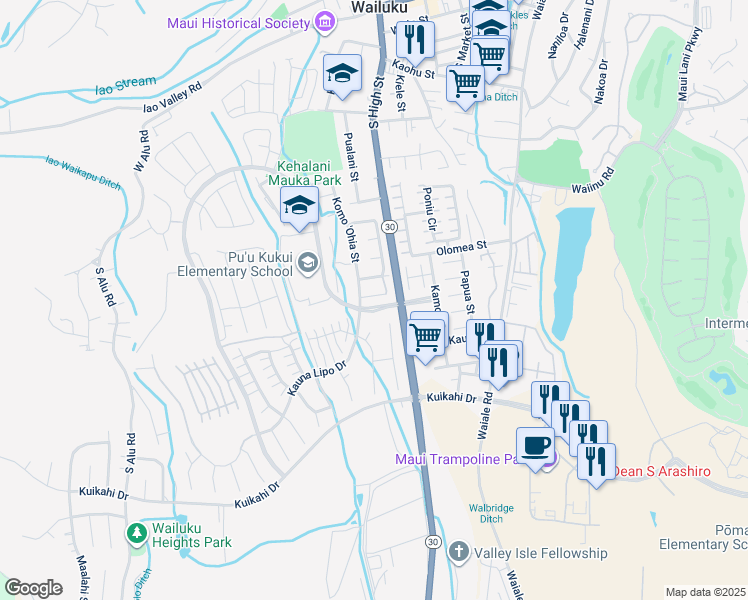 map of restaurants, bars, coffee shops, grocery stores, and more near 18 Kapala'Ia Place in Wailuku