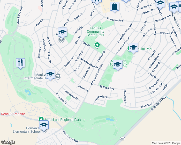 map of restaurants, bars, coffee shops, grocery stores, and more near 586 Kaulana Street in Kahului