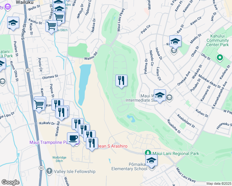 map of restaurants, bars, coffee shops, grocery stores, and more near 15 Kiekiena Place in Kahului