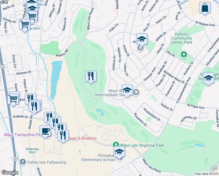map of restaurants, bars, coffee shops, grocery stores, and more near 225 Puumakani Street in Kahului