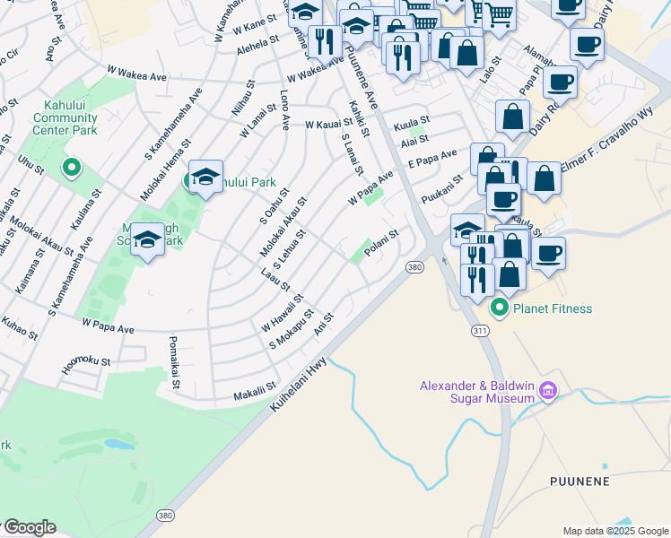 map of restaurants, bars, coffee shops, grocery stores, and more near 174 South Mokapu Street in Kahului