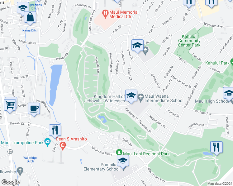 map of restaurants, bars, coffee shops, grocery stores, and more near 24 Apaa Place in Kahului