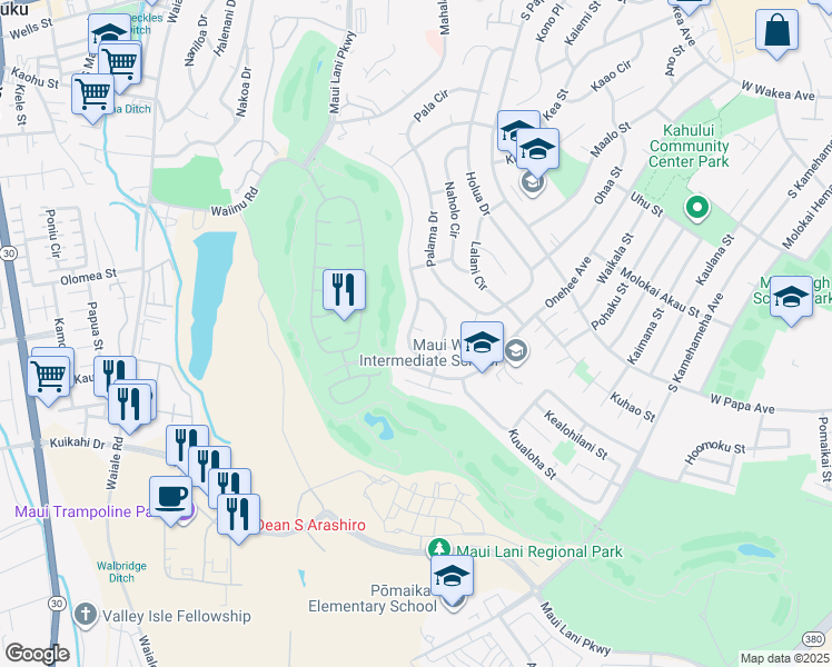 map of restaurants, bars, coffee shops, grocery stores, and more near 225 Puumakani Street in Kahului