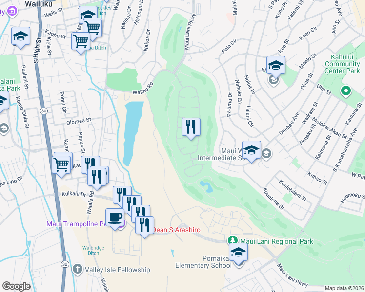 map of restaurants, bars, coffee shops, grocery stores, and more near 15 Kiekiena Place in Kahului