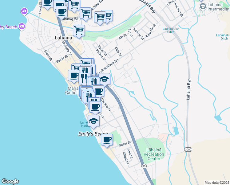 map of restaurants, bars, coffee shops, grocery stores, and more near 266 Dickenson Street in Lahaina