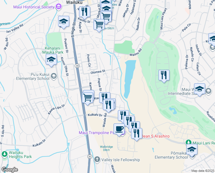 map of restaurants, bars, coffee shops, grocery stores, and more near 671 Meakanu Lane in Wailuku