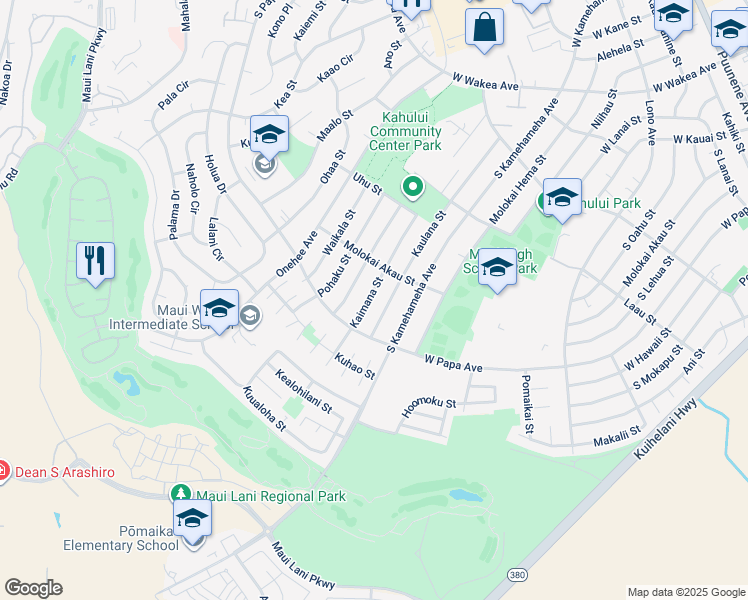 map of restaurants, bars, coffee shops, grocery stores, and more near 593 Kaimana Street in Kahului