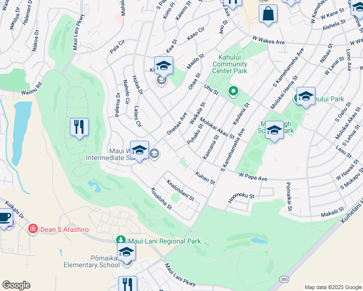 map of restaurants, bars, coffee shops, grocery stores, and more near 645 Kaulu Place in Kahului