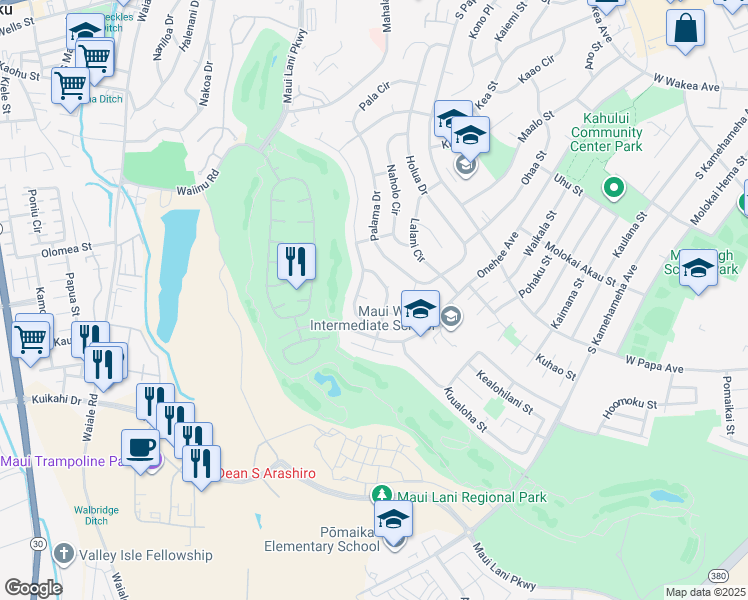 map of restaurants, bars, coffee shops, grocery stores, and more near 24 Apaa Place in Kahului