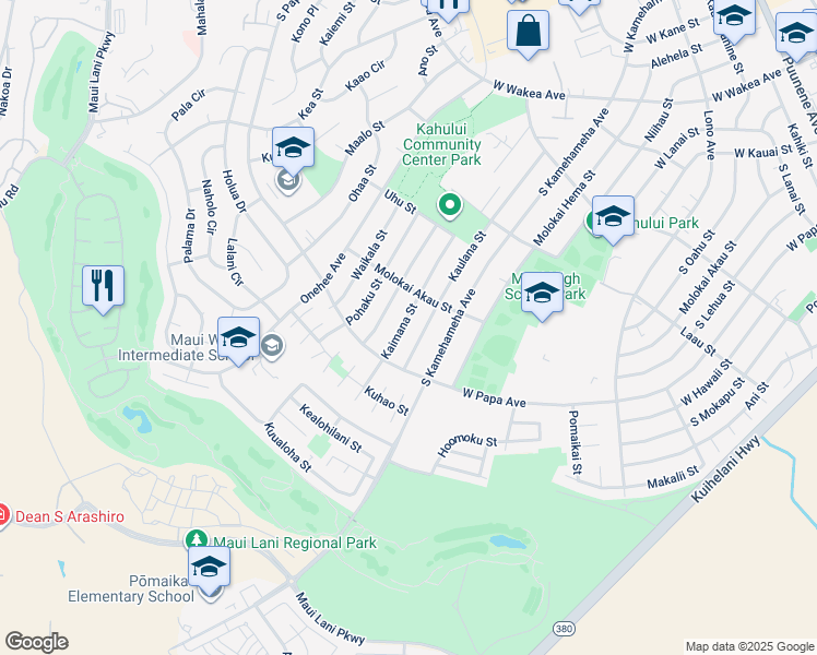 map of restaurants, bars, coffee shops, grocery stores, and more near 593 Kaimana Street in Kahului