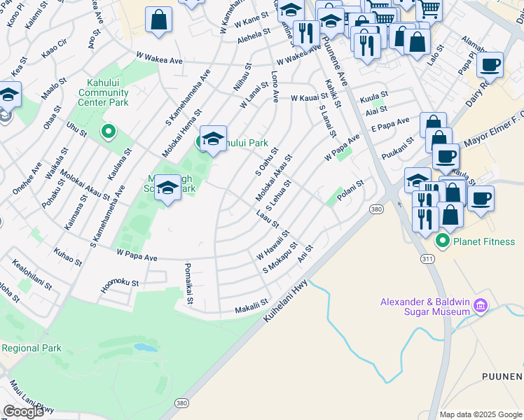 map of restaurants, bars, coffee shops, grocery stores, and more near 533 Laau Street in Kahului