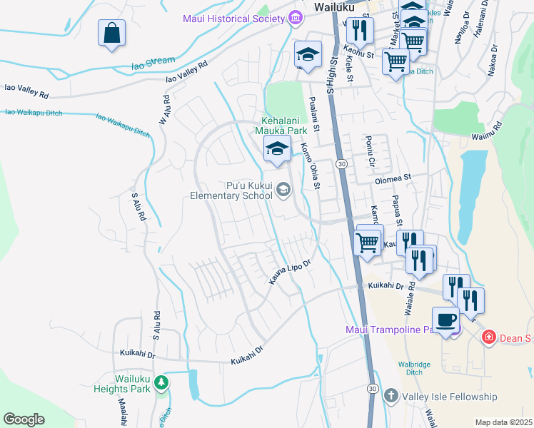 map of restaurants, bars, coffee shops, grocery stores, and more near 319 Laniuma Place in Wailuku