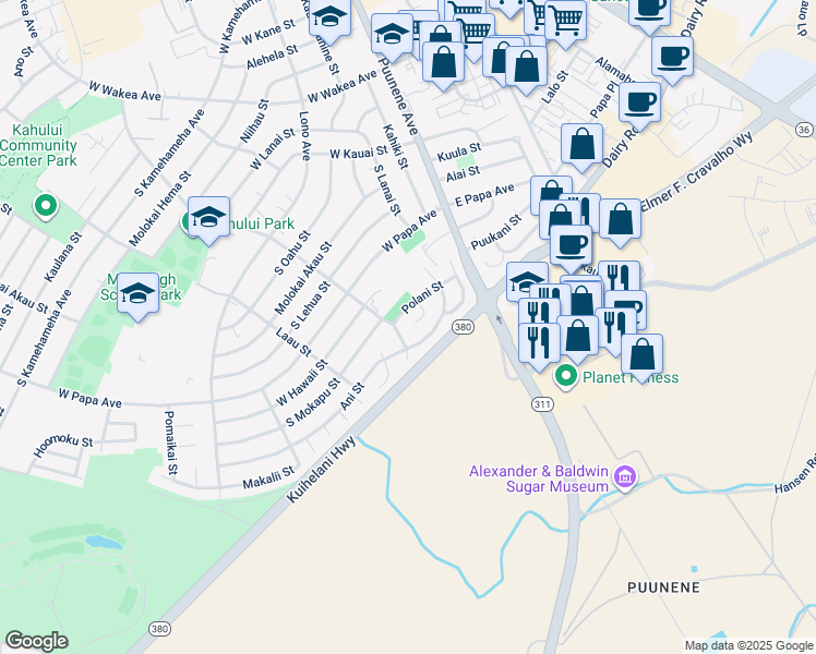map of restaurants, bars, coffee shops, grocery stores, and more near 74 Meli Place in Kahului