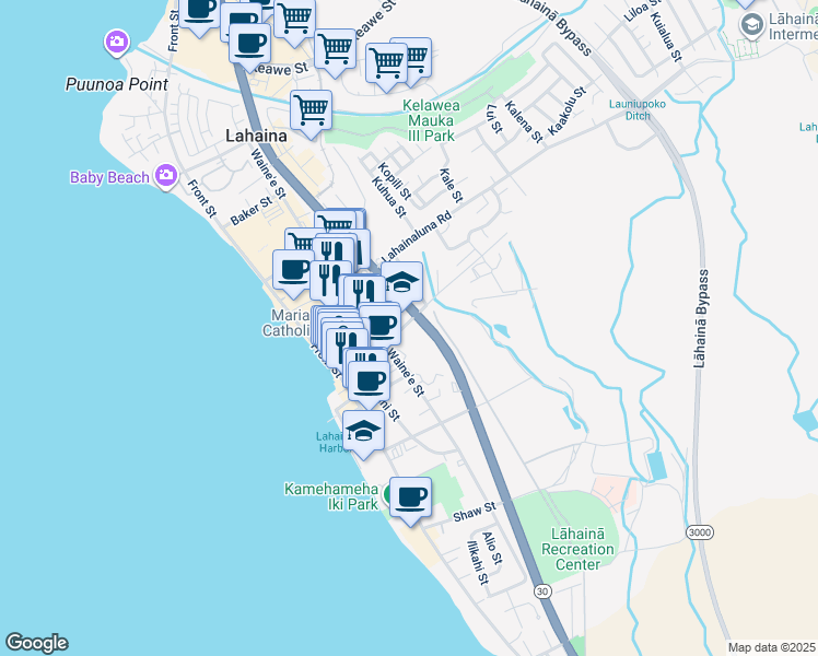map of restaurants, bars, coffee shops, grocery stores, and more near 254 Dickenson Street in Lahaina