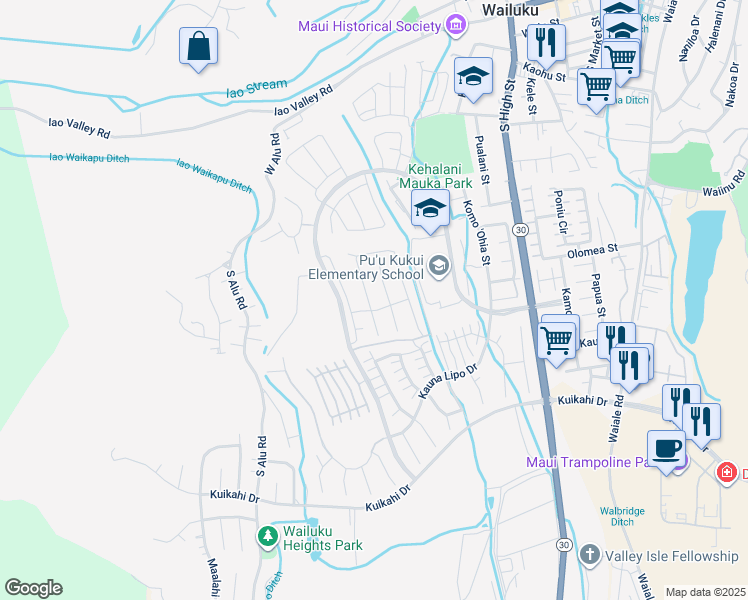 map of restaurants, bars, coffee shops, grocery stores, and more near 64 Pua Kalaunu in Wailuku