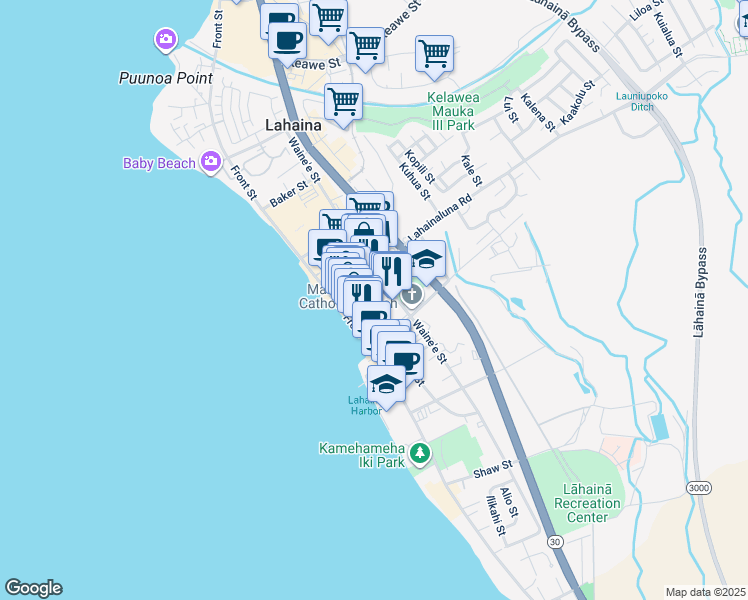 map of restaurants, bars, coffee shops, grocery stores, and more near 176 Panaewa Street in Lahaina