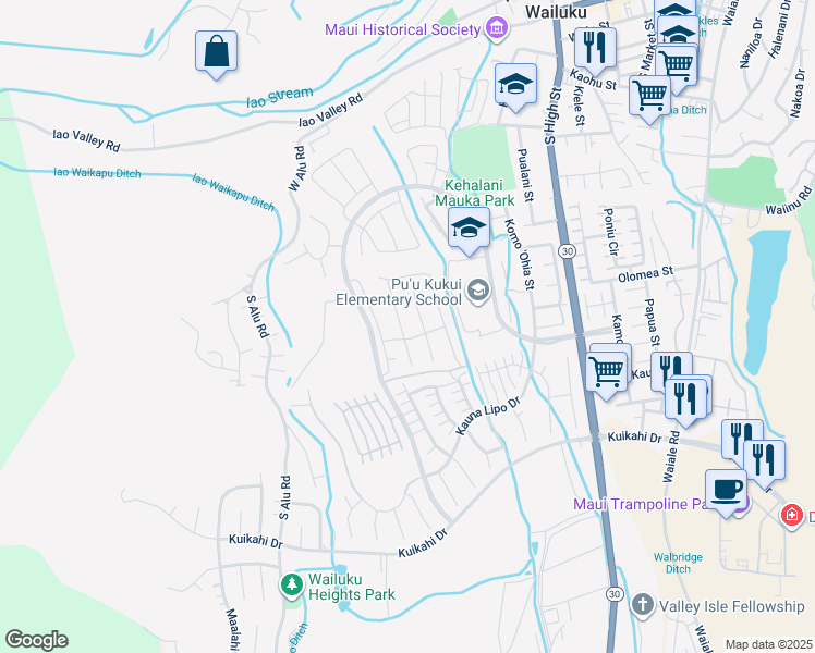 map of restaurants, bars, coffee shops, grocery stores, and more near 64 Pua Kalaunu in Wailuku