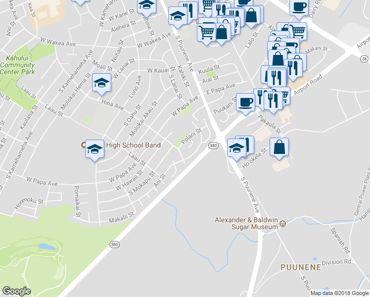 map of restaurants, bars, coffee shops, grocery stores, and more near 74 Meli Place in Kahului