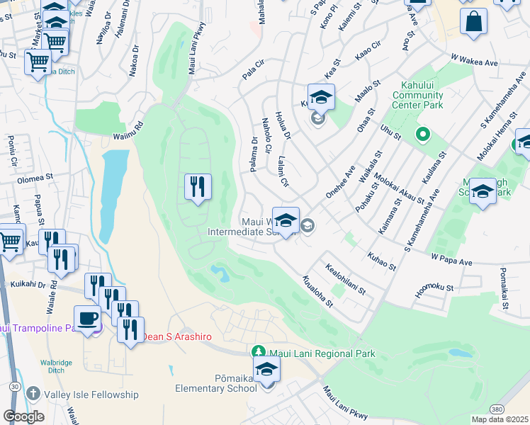 map of restaurants, bars, coffee shops, grocery stores, and more near 166 Huluhulu St in Kahului