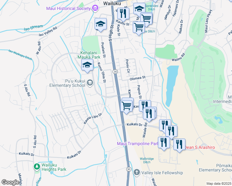 map of restaurants, bars, coffee shops, grocery stores, and more near 40 Kapala'Ia Place in Wailuku