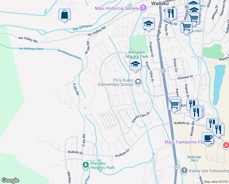 map of restaurants, bars, coffee shops, grocery stores, and more near 69 Pua Kalaunu in Wailuku