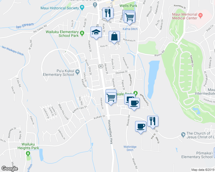 map of restaurants, bars, coffee shops, grocery stores, and more near 47 Kolopua Place in Wailuku
