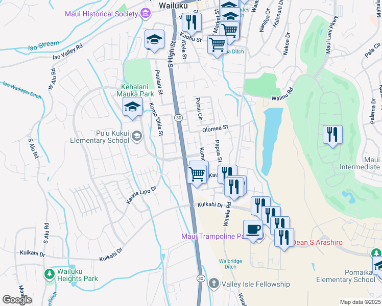 map of restaurants, bars, coffee shops, grocery stores, and more near 47 Kolopua Place in Wailuku