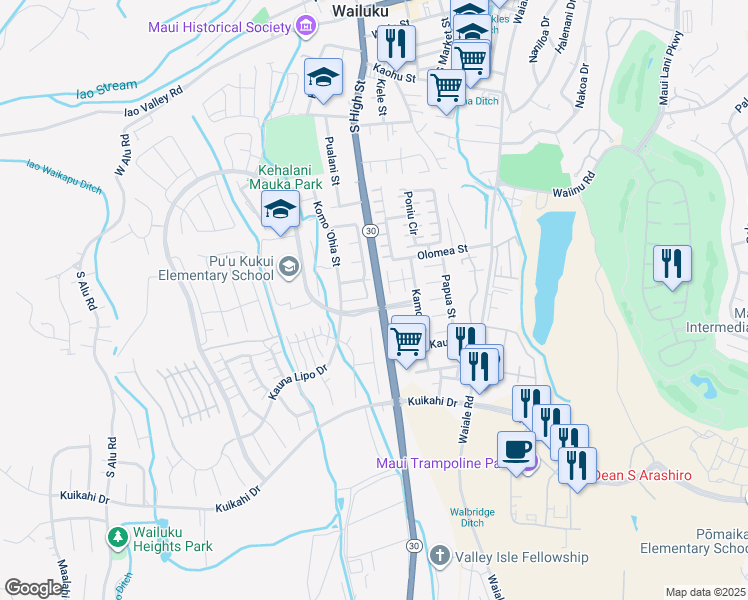 map of restaurants, bars, coffee shops, grocery stores, and more near 40 Kapala'Ia Place in Wailuku