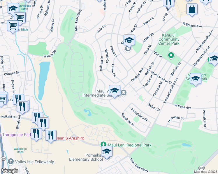 map of restaurants, bars, coffee shops, grocery stores, and more near 166 Huluhulu Street in Kahului