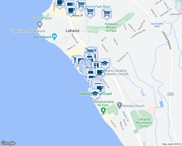 map of restaurants, bars, coffee shops, grocery stores, and more near 185 Panaewa Street in Lahaina