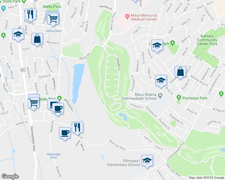 map of restaurants, bars, coffee shops, grocery stores, and more near 22 Puu Ehu Place in Kahului