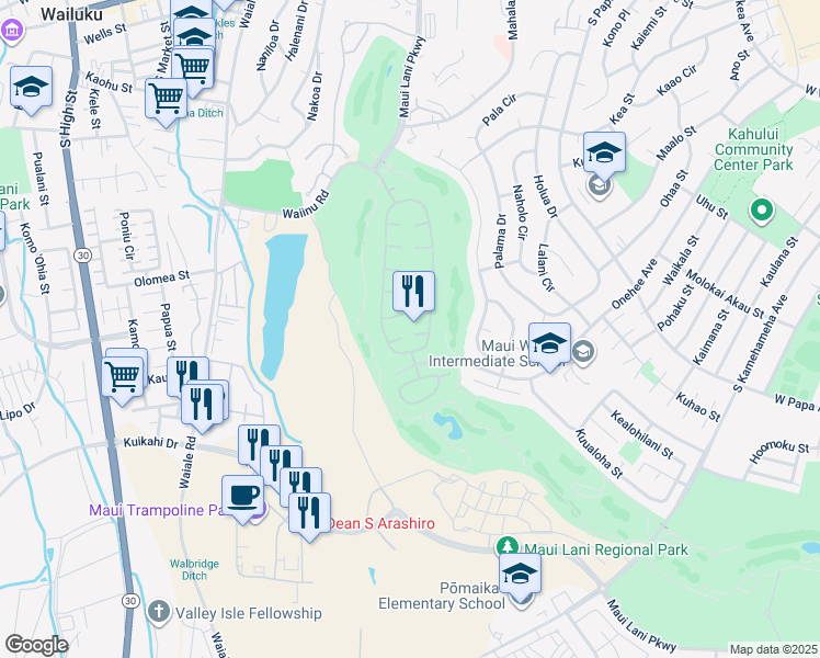 map of restaurants, bars, coffee shops, grocery stores, and more near 22 Puu Ehu Place in Kahului