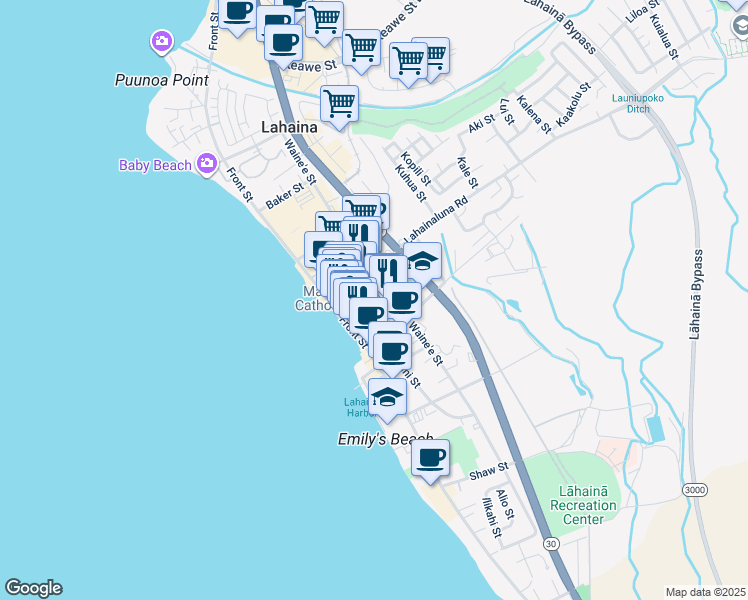 map of restaurants, bars, coffee shops, grocery stores, and more near 176 Panaewa Street in Lahaina