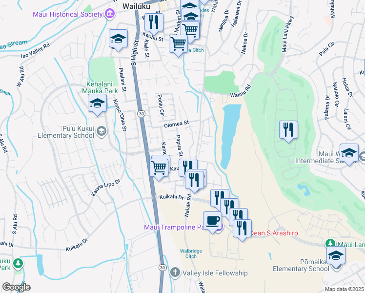 map of restaurants, bars, coffee shops, grocery stores, and more near 705 Papua Street in Wailuku