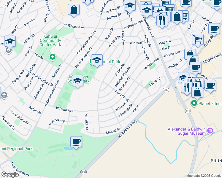 map of restaurants, bars, coffee shops, grocery stores, and more near 504 Laau Street in Kahului