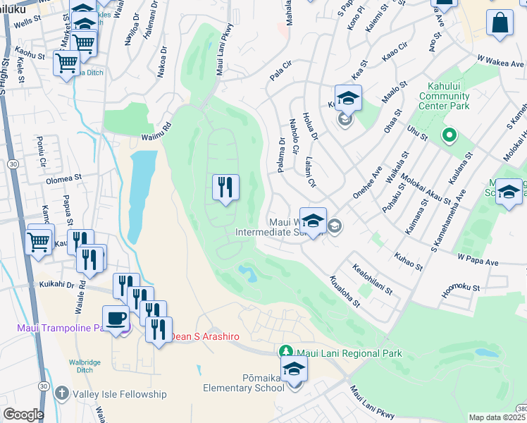map of restaurants, bars, coffee shops, grocery stores, and more near 224 Puumakani Street in Kahului