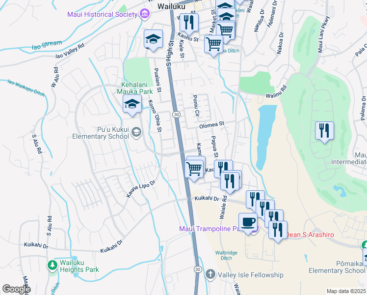 map of restaurants, bars, coffee shops, grocery stores, and more near 42 Kolopua Place in Wailuku