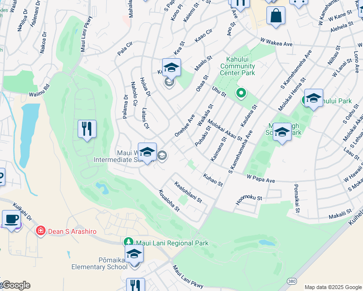 map of restaurants, bars, coffee shops, grocery stores, and more near 658 Kaulu Place in Kahului