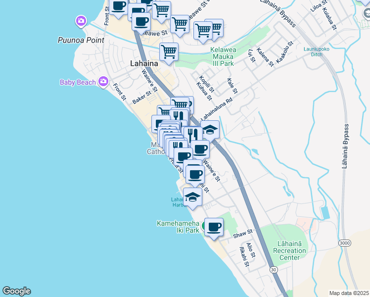 map of restaurants, bars, coffee shops, grocery stores, and more near 176 Panaewa Street in Lahaina