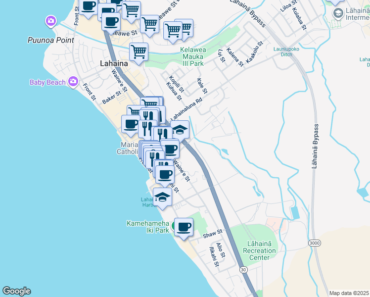 map of restaurants, bars, coffee shops, grocery stores, and more near 266 Dickenson Street in Lahaina
