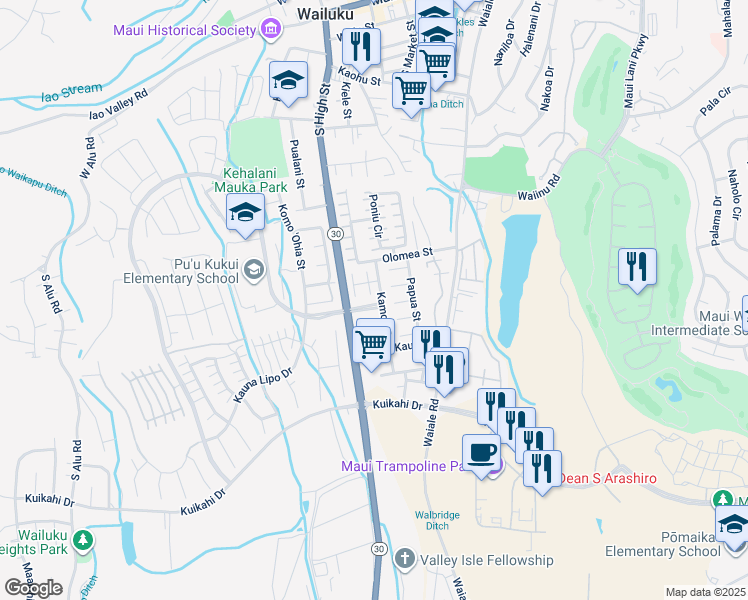 map of restaurants, bars, coffee shops, grocery stores, and more near 45 Hapua Place in Wailuku