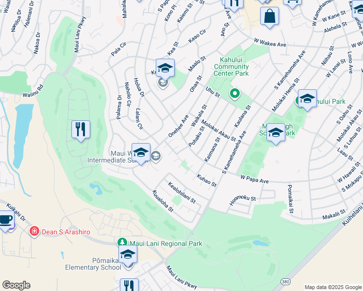 map of restaurants, bars, coffee shops, grocery stores, and more near 641 Kaulu Place in Kahului