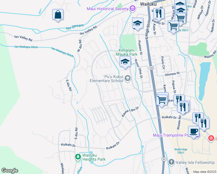 map of restaurants, bars, coffee shops, grocery stores, and more near 70 Pua Kalaunu in Wailuku