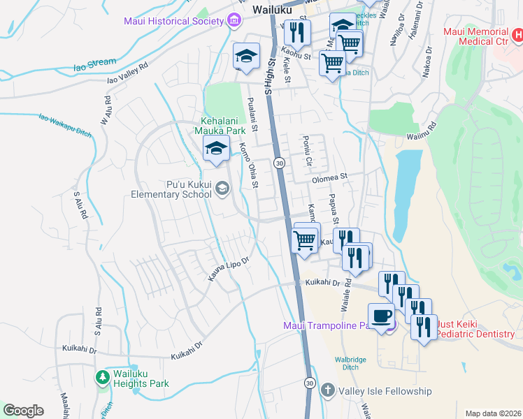 map of restaurants, bars, coffee shops, grocery stores, and more near 679 Koma 'Ohia Street in Wailuku