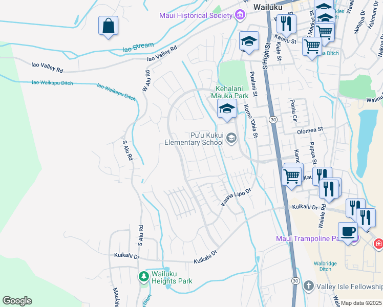 map of restaurants, bars, coffee shops, grocery stores, and more near 75 Pua Kalaunu in Wailuku