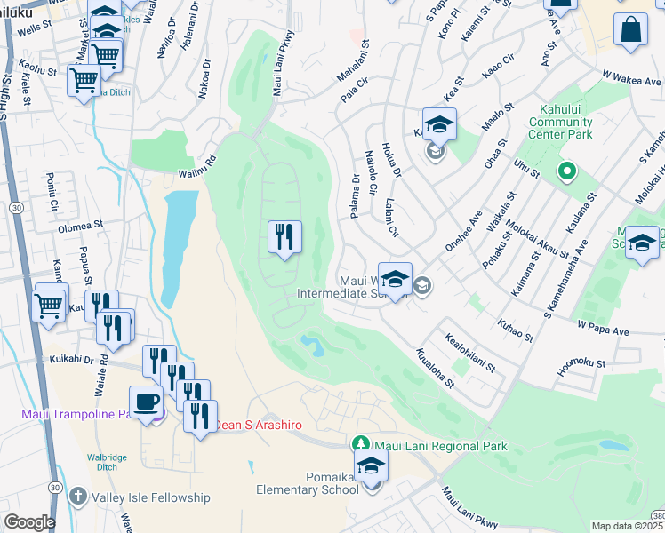 map of restaurants, bars, coffee shops, grocery stores, and more near 224 Puumakani Street in Kahului
