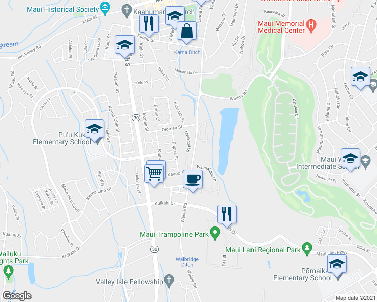 map of restaurants, bars, coffee shops, grocery stores, and more near Meakanu Lane in Wailuku